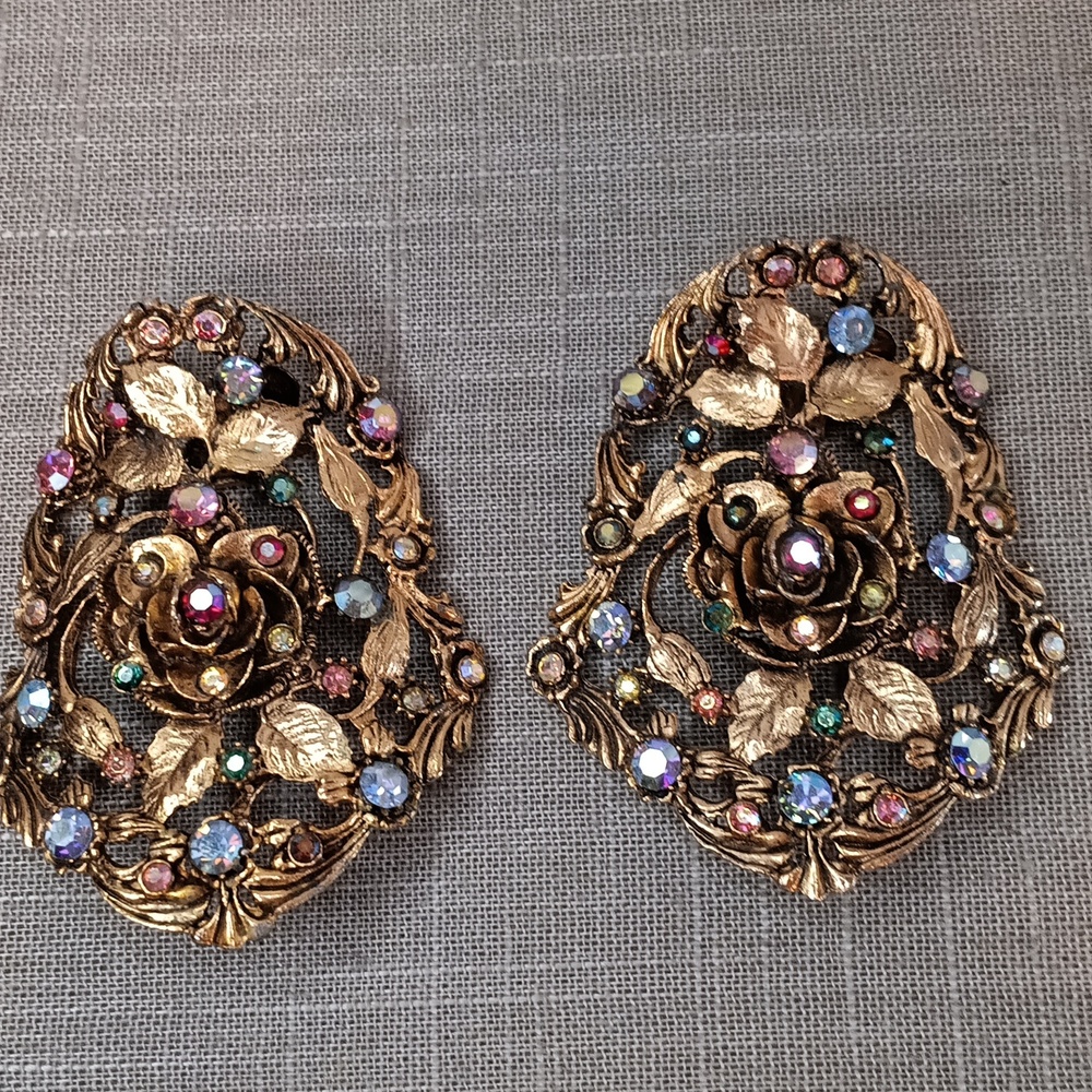 Vintage-Style Gold Floral Clip-On Earrings with Multi-Colored Rhinestones